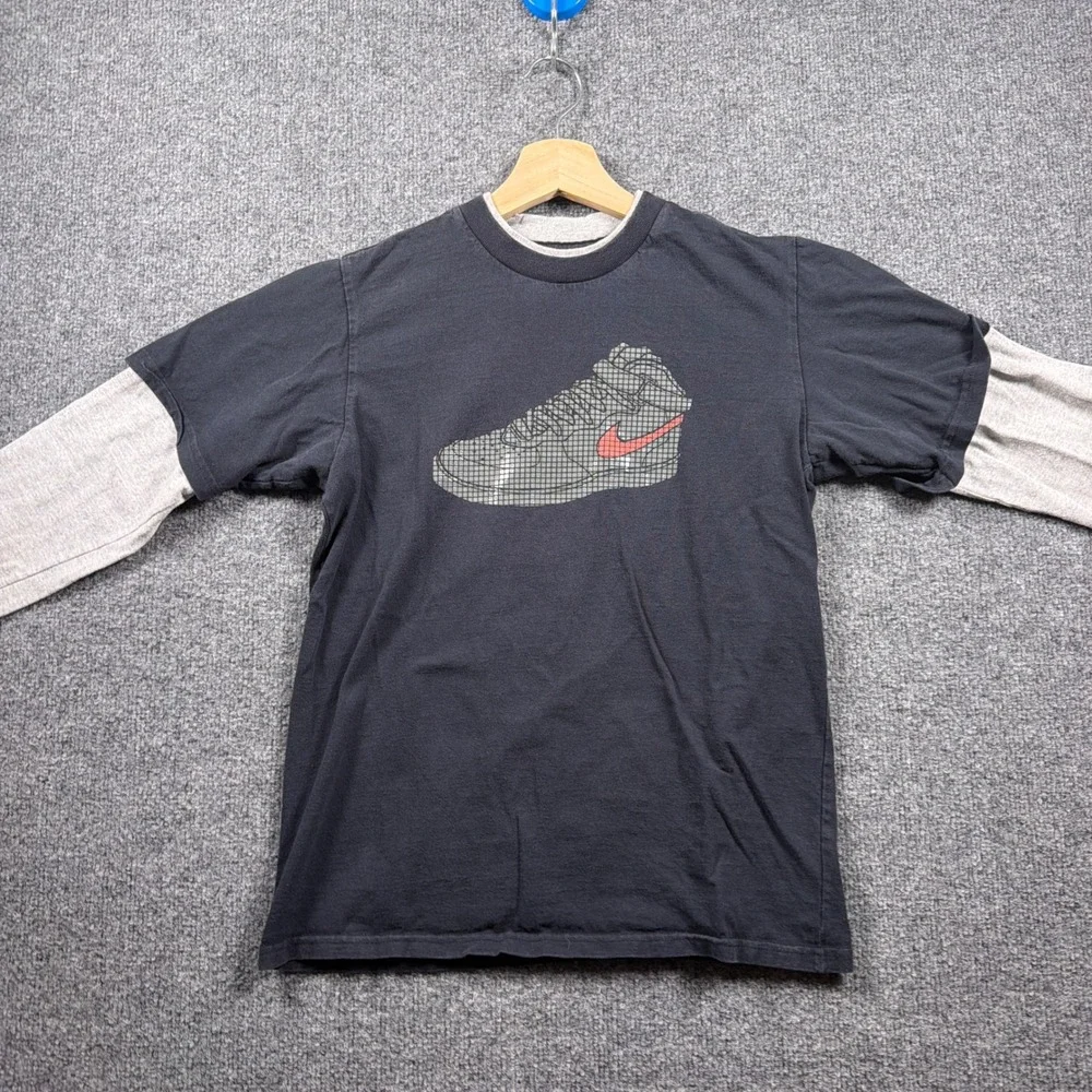 Y2K Nike Air Force One Shirt Boys M Black Grey Layered Long Sleeve Graphic Tee